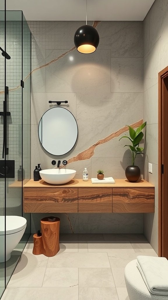 A stylish bathroom featuring natural stone walls, wooden accents, a circular mirror, a modern sink, and a green plant.