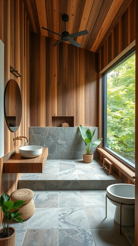 A nature-inspired bathroom with wooden walls, stone accents, and large windows showcasing greenery.