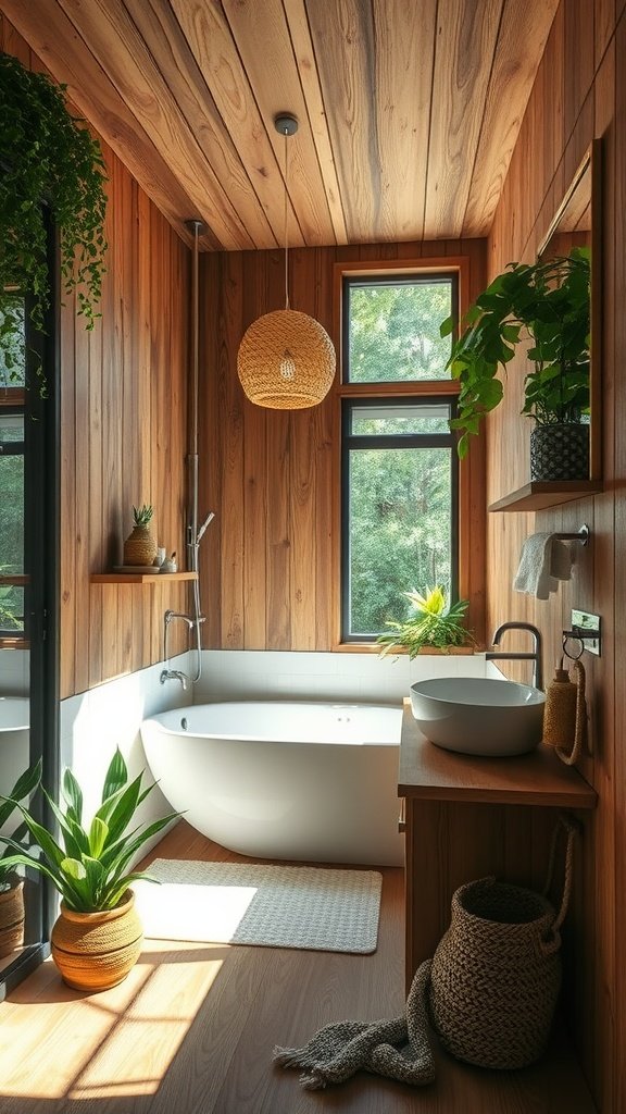 A serene nature-inspired bathroom featuring wooden walls, large windows, a freestanding bathtub, and potted plants.