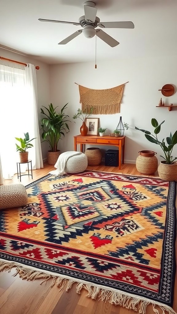 A colorful Navajo rug in a cozy Boho style bedroom with plants and a warm atmosphere.