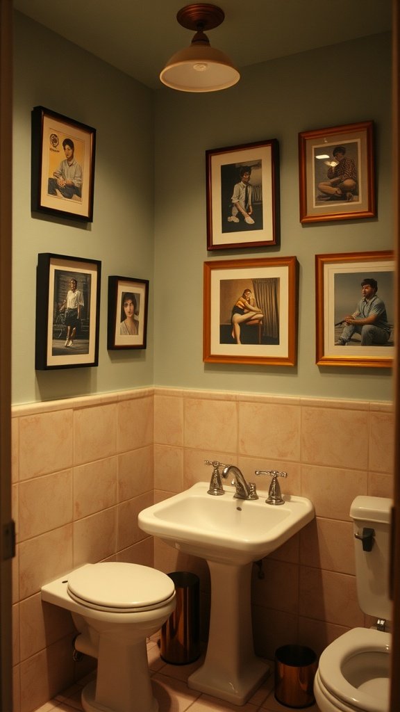 Bathroom with framed prints on the walls, featuring vintage-style photographs.