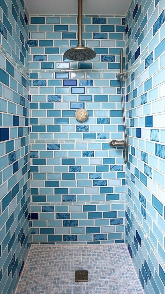 Walk-in shower with ocean-inspired blue tiles in various shades from light aqua to dark navy, featuring a modern shower head.