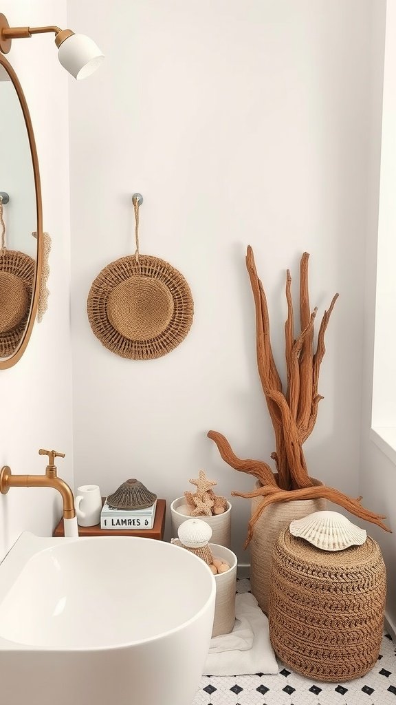 A stylish boho bathroom with a freestanding tub, woven baskets, and ocean-themed decor.