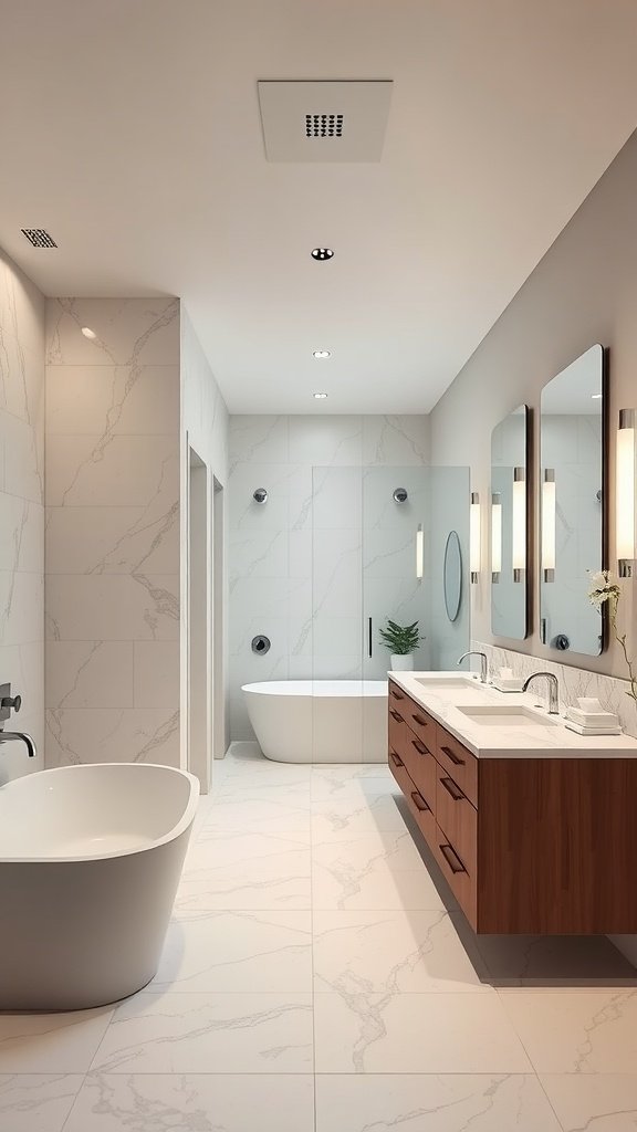 Modern open-concept luxury bathroom with freestanding tub, dual sinks, and marble finishes