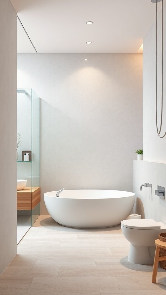 A modern open concept bathroom featuring a freestanding bathtub, glass shower enclosure, and wooden accents.