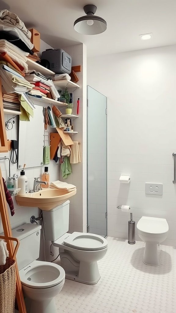 Cluttered bathroom with towels and toiletries stacked on shelves