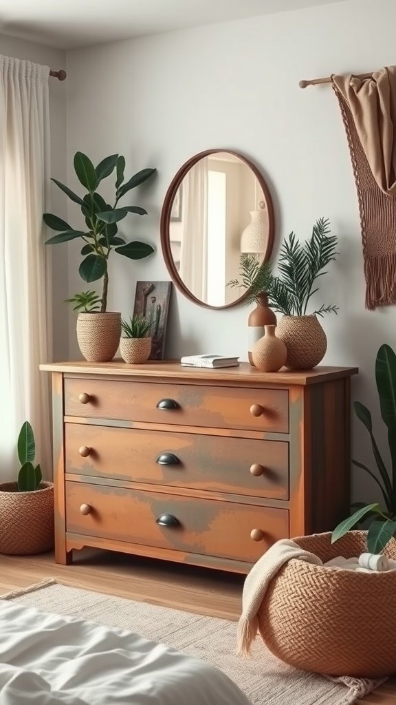 A bohemian style bedroom featuring a painted dresser with plants and a round mirror