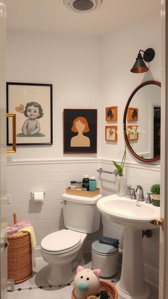 A cozy bathroom featuring artistic decor, including framed illustrations and a round mirror, with a natural touch from plants and decorative items.