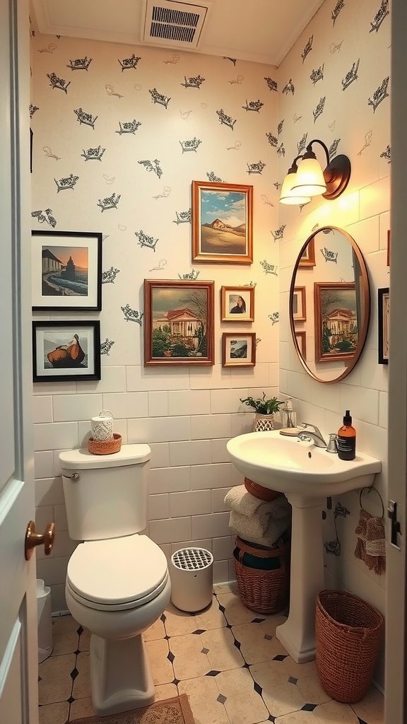 A cozy bathroom with framed artwork on the walls, a round mirror, and warm lighting, showcasing Boho decor elements.