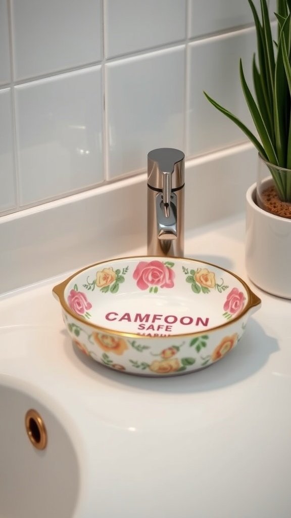Personalized soap dish with floral design and text beside a modern sink
