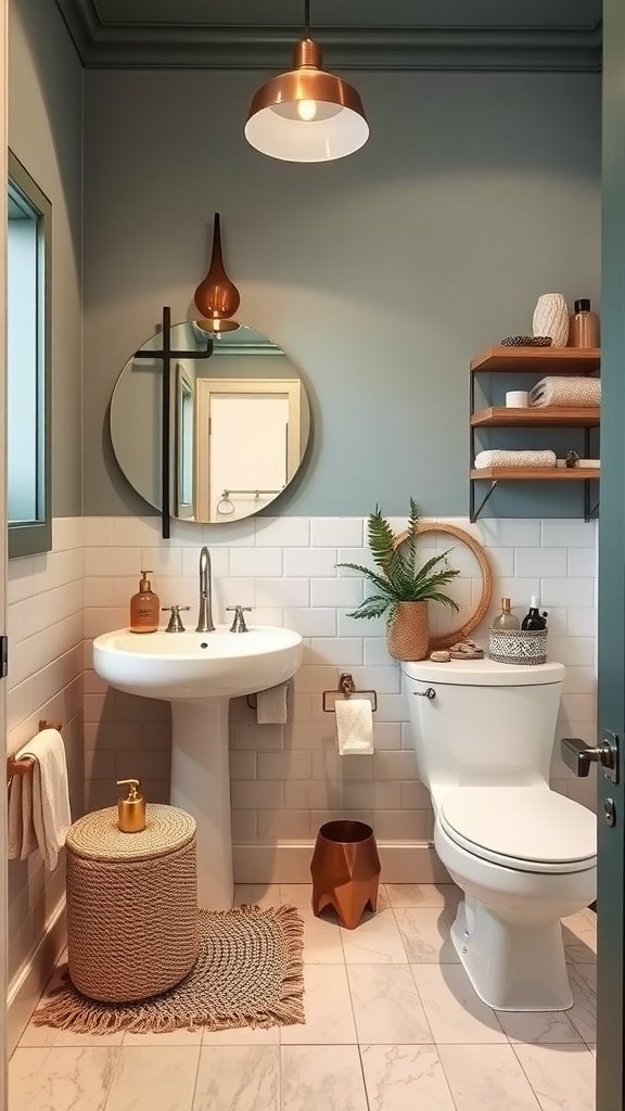 Stylish bathroom featuring a round mirror, decorative wall clock, and a small plant for personalization.