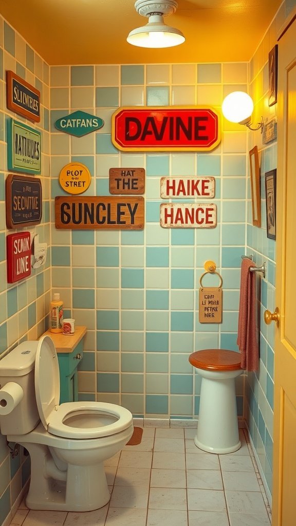 A colorful 70s bathroom with various playful signs on the wall.