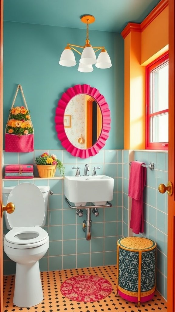 A colorful bathroom with blue tiles, pink walls, and playful decor elements.