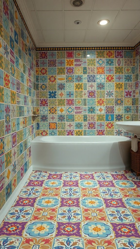 A colorful bathroom with playful tile designs on the walls and floor, showcasing various patterns in vibrant colors.