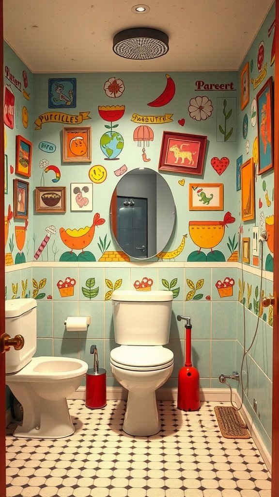 Vibrant 70s bathroom with quirky artwork on the walls