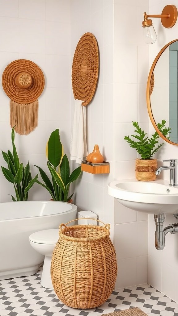A stylish Boho bathroom featuring rattan baskets for storage, plants, and woven wall decor.