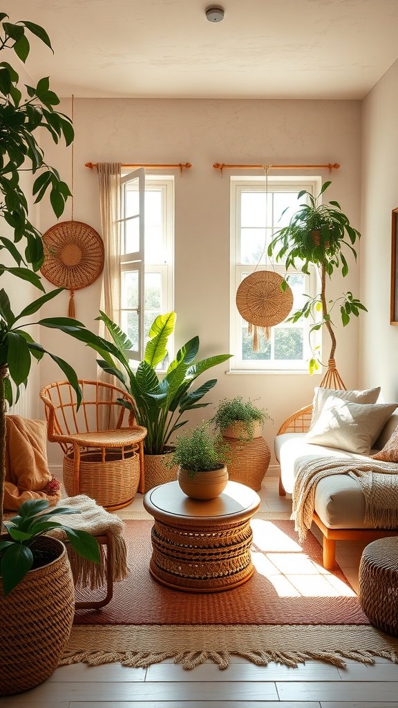 Cozy Boho style living space with rattan furniture and plants