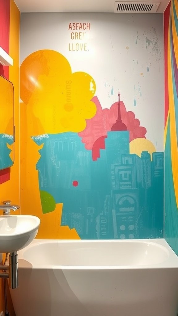 A vibrant bathroom with colorful wall art featuring blue, orange, and yellow designs.