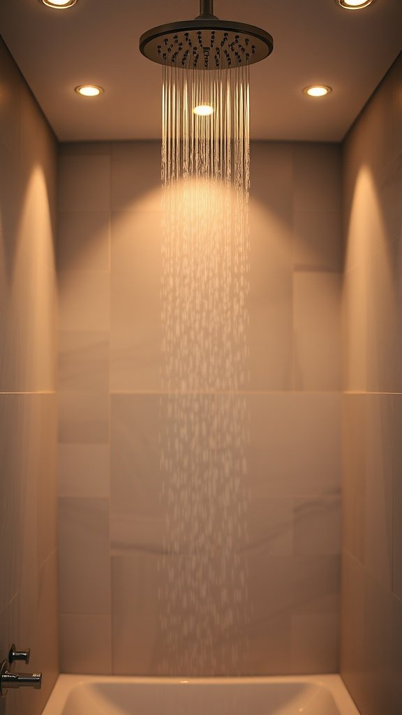 A modern rain shower head with soft water flowing down, illuminated by warm lighting, set against a simple tiled wall.