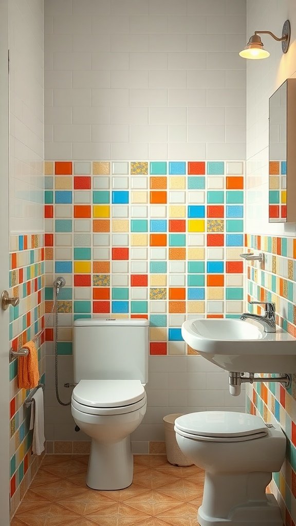 A colorful retro tiled bathroom showcasing vibrant 70s style decor.