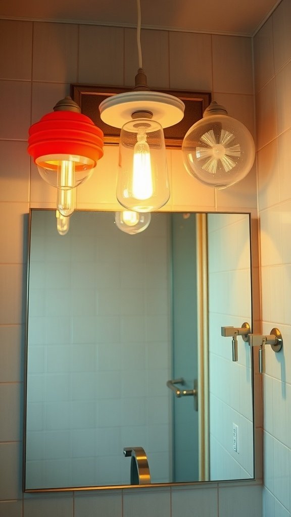 A collection of retro lighting fixtures in a bathroom, featuring a red shade, a clear glass pendant, and a frosted globe.