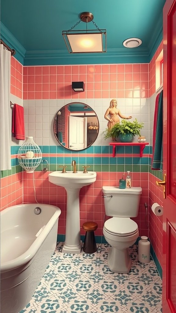 A retro-inspired bathroom with bright red walls, aqua bathtub, and patterned floor.