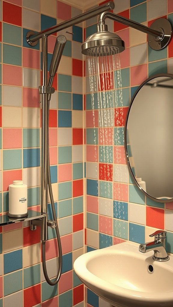 A retro shower head in a colorful tiled bathroom.