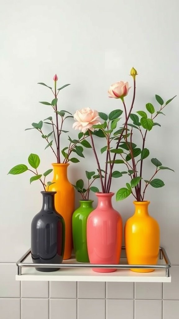 Colorful vases with flowers on a shelf in a bathroom