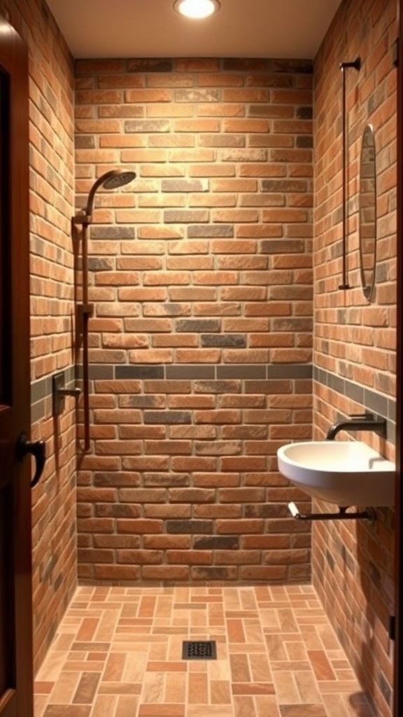 A rustic walk-in shower featuring brick walls, a modern showerhead, and a simple basin.