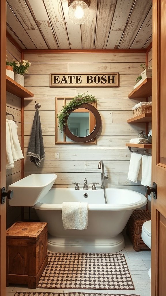 A rustic farmhouse bathroom featuring shiplap walls, a vintage light fixture, a round wreath mirror, and wooden storage solutions.