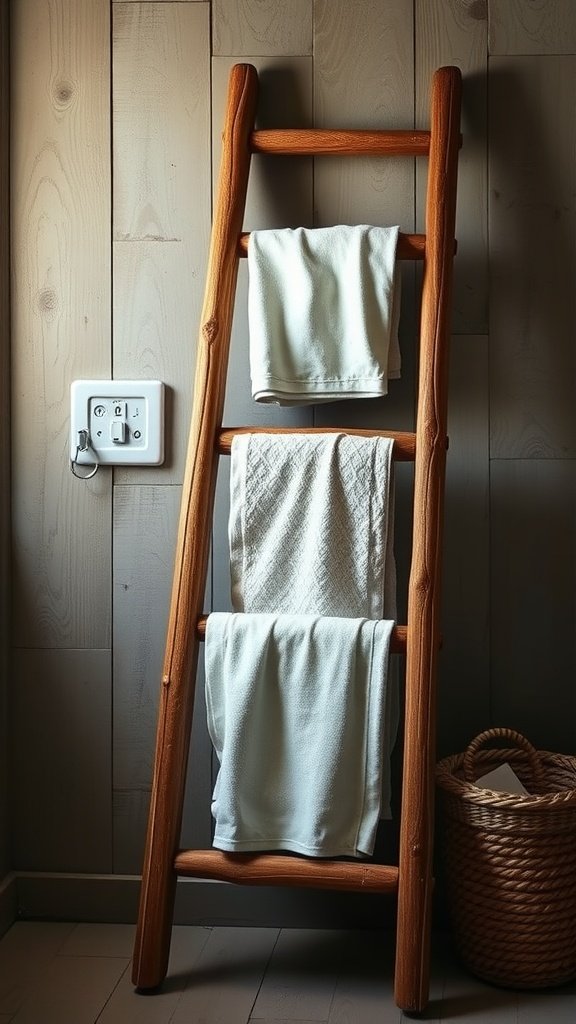 A rustic wooden ladder displaying neatly folded towels against a wall in a bathroom