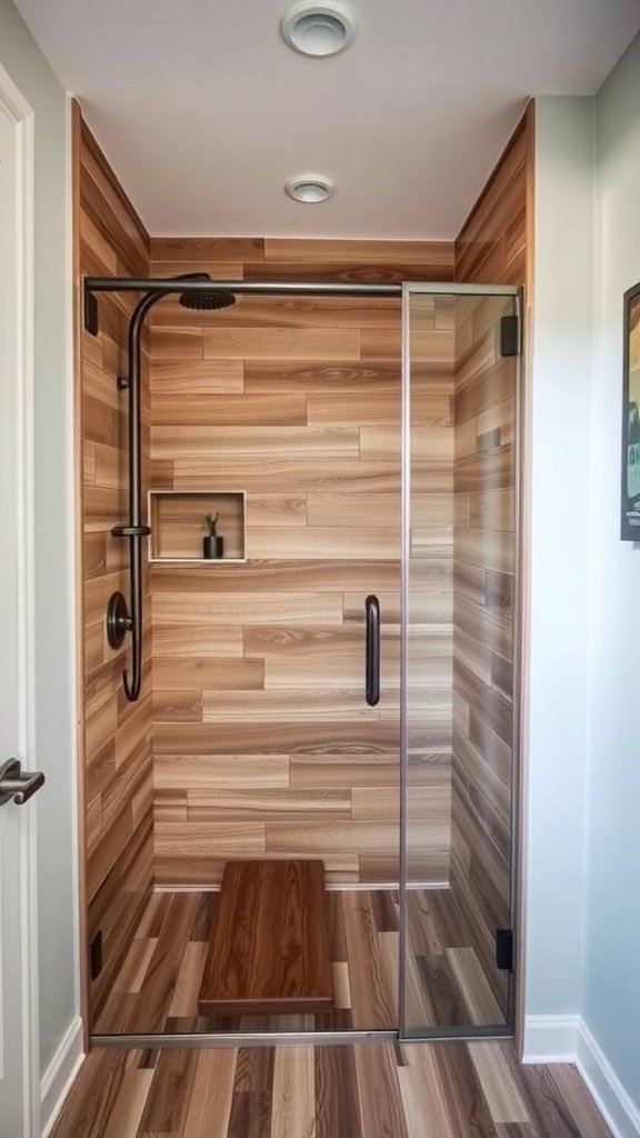 Walk-in shower with rustic wood-look tiles on the walls and floor, featuring a glass door and wooden shower bench.