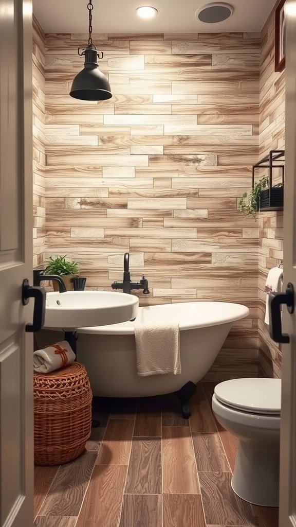 A rustic bathroom featuring wood-look tiles on the walls and floor, a freestanding tub, and a stylish sink.