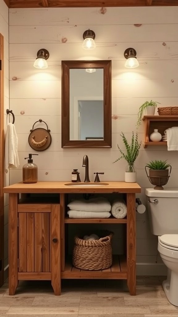 A rustic wood bathroom vanity with open shelves, a mirror, and potted plants, showcasing Boho decor.