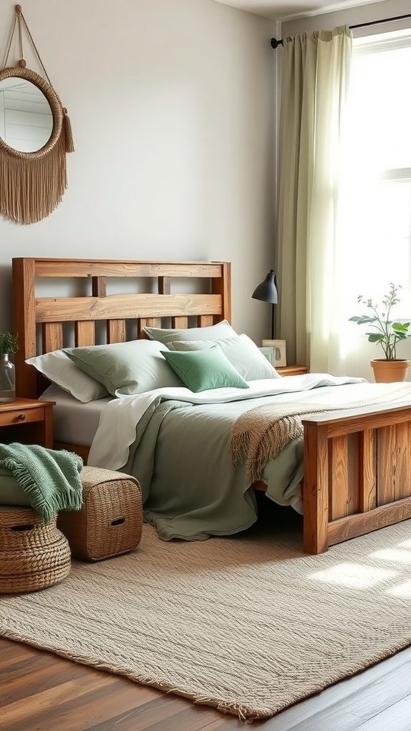 A cozy boho style bedroom featuring rustic wooden furniture and sage green accents, including bedding and plants.