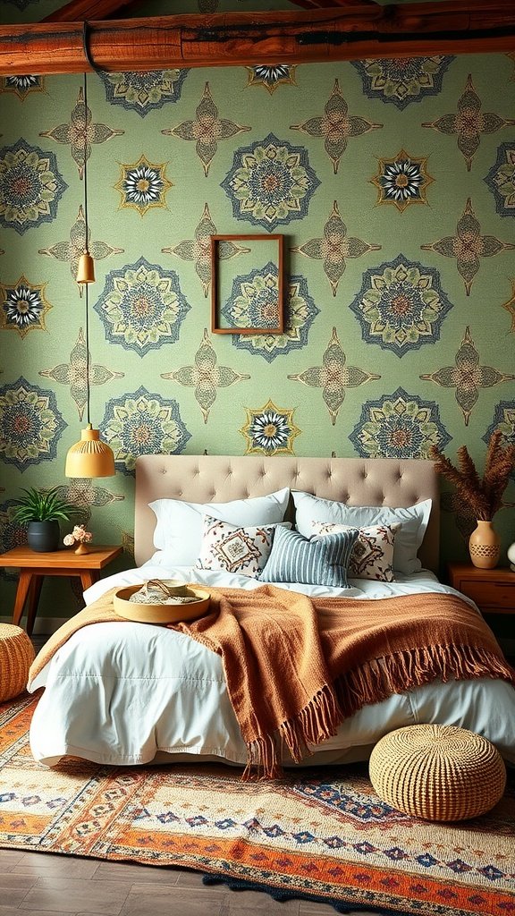 A cozy bedroom with sage green accent wall featuring bohemian patterns, a bed with white bedding and orange throw, and woven decor elements.