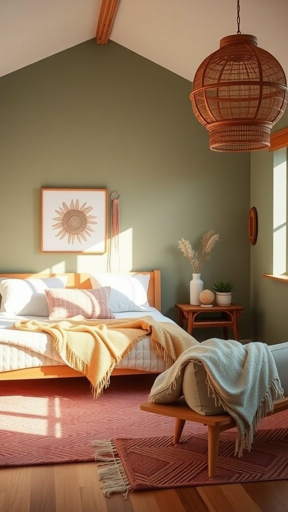 A boho style bedroom featuring sage green walls and coral pink accents, with wooden furniture and cozy textiles