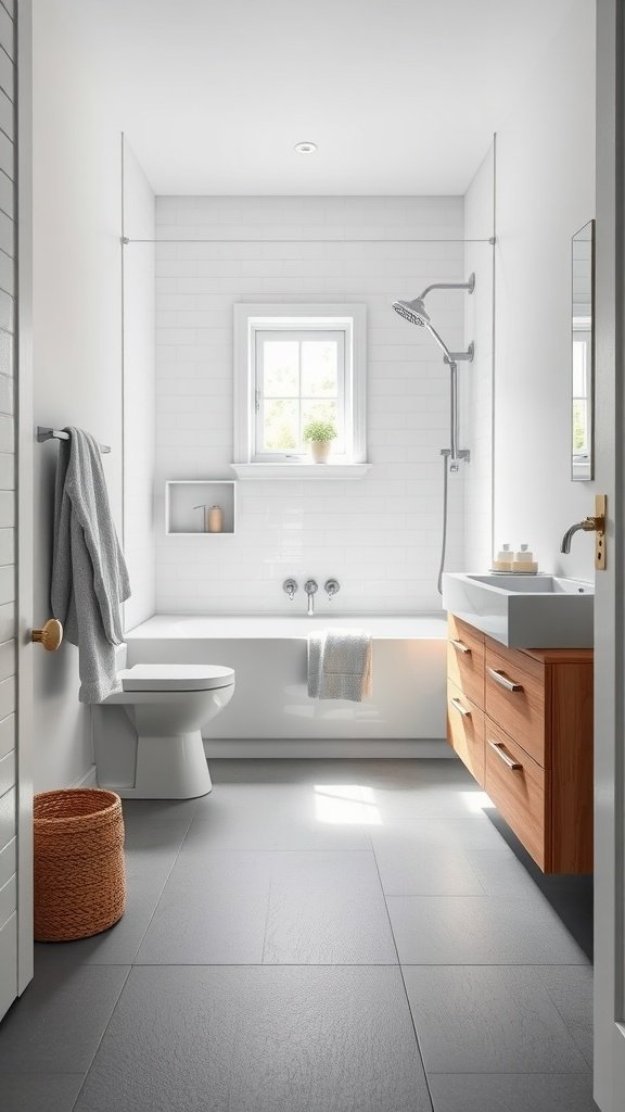 A Scandinavian bathroom featuring white walls, a gray matte tile floor, and wooden storage drawers.