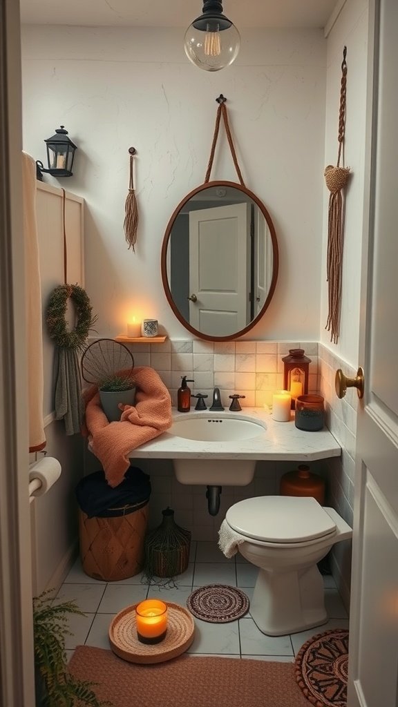 A cozy boho bathroom featuring scented candles and decorative elements.