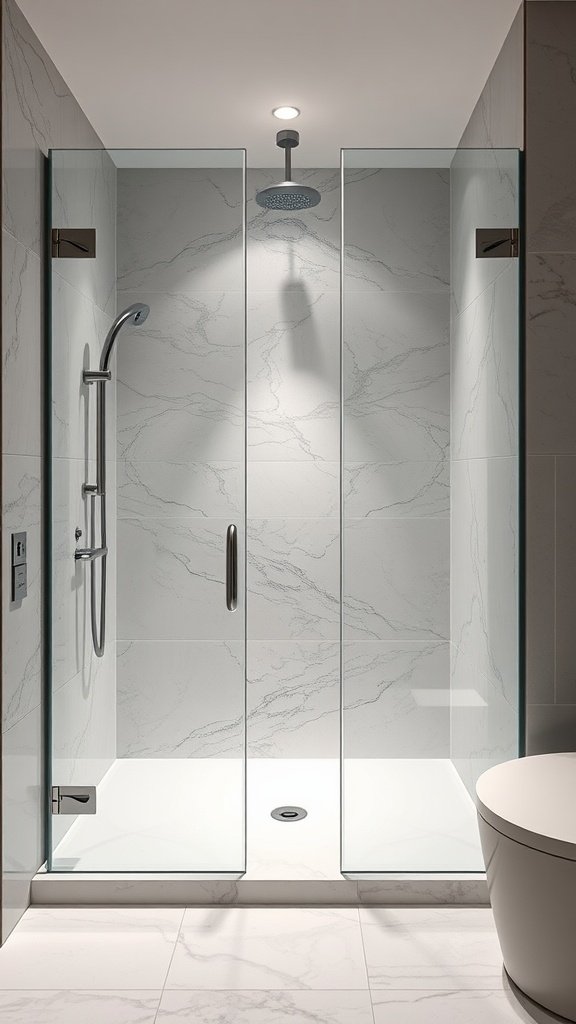 A modern walk-in shower featuring seamless glass enclosures and marble tiles