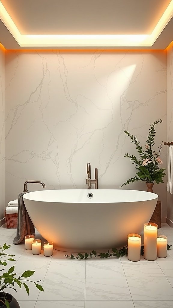 A serene spa-like bathroom with a freestanding tub, candles, and plants.