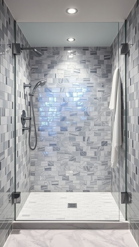 A modern walk-in shower with gray tiles and metallic accents.