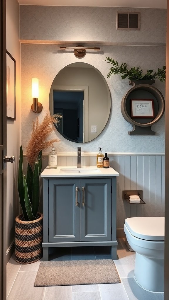 Small blue bathroom vanity with round mirror and green plants.