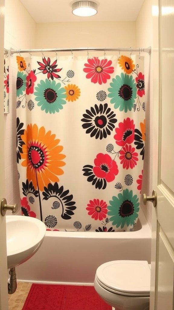 Colorful floral shower curtain in a small bathroom