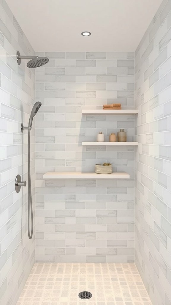 A modern walk-in shower featuring sleek floating shelves against light gray tiles.