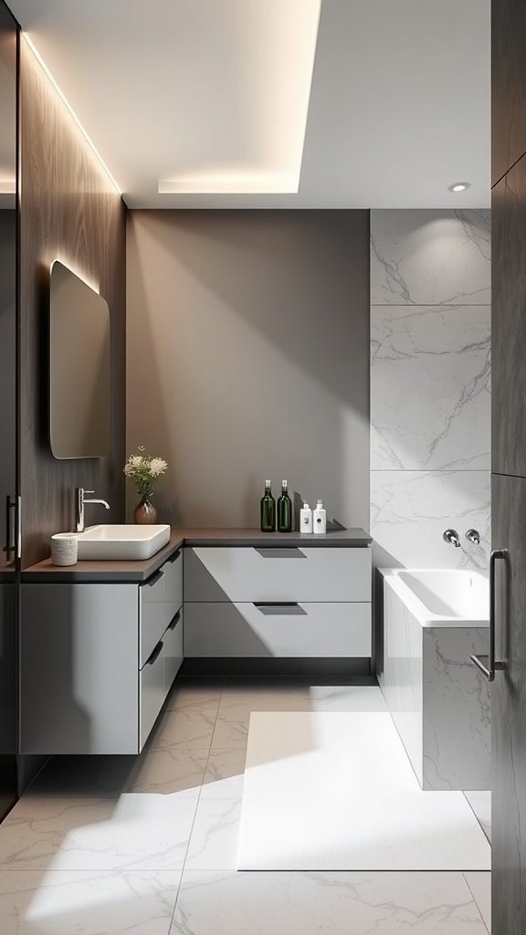 A modern bathroom featuring sleek lines, natural elements, and a minimalist design.