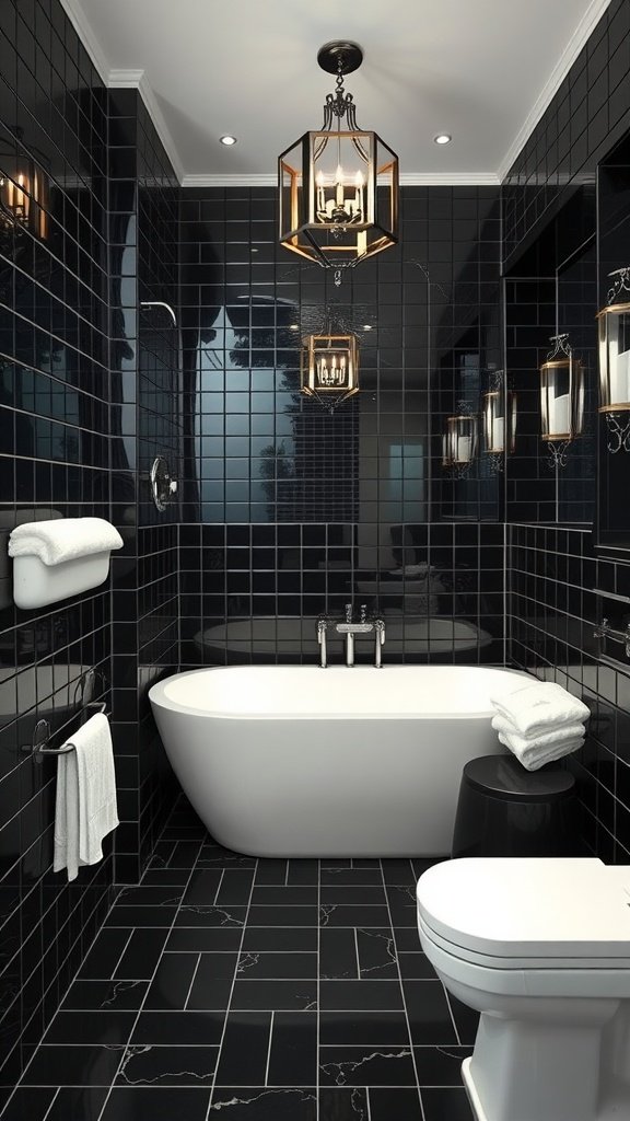 A modern monochrome bathroom featuring black tiles, a freestanding white bathtub, and stylish lighting.