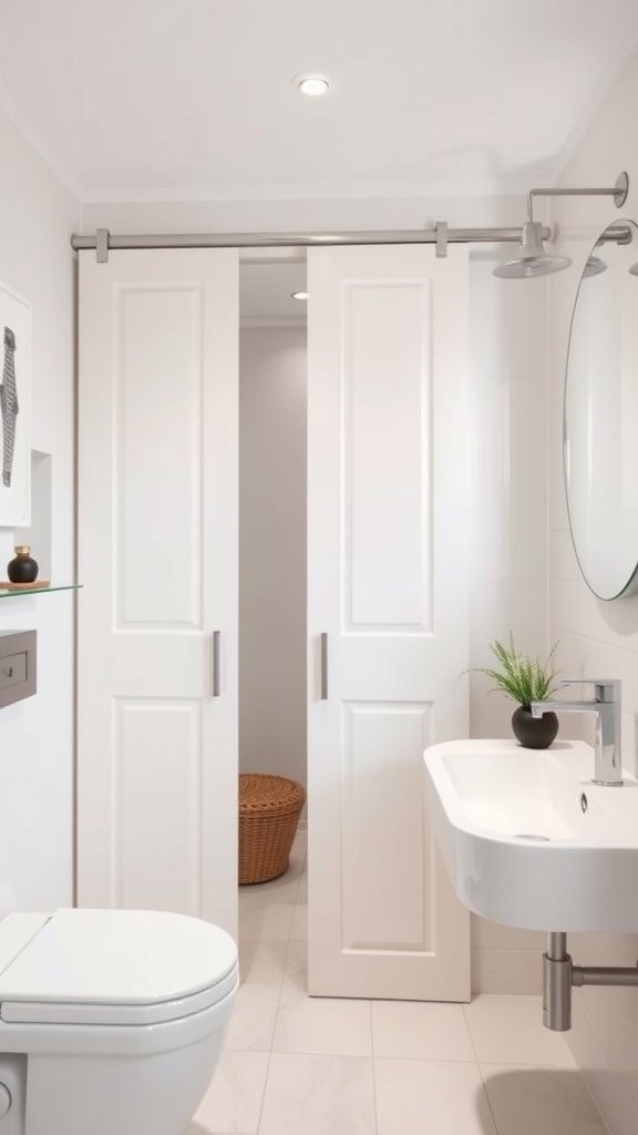 A modern bathroom featuring sliding or pocket doors, clean lines, and a spacious design.