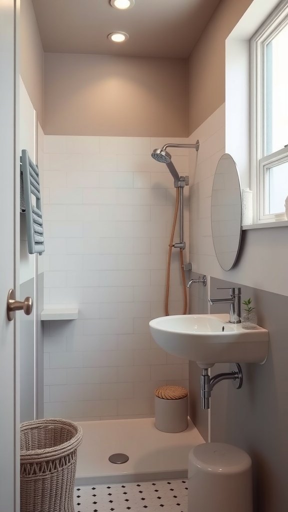 A small bathroom with muted colors, featuring a shower, sink, and minimalist decor.