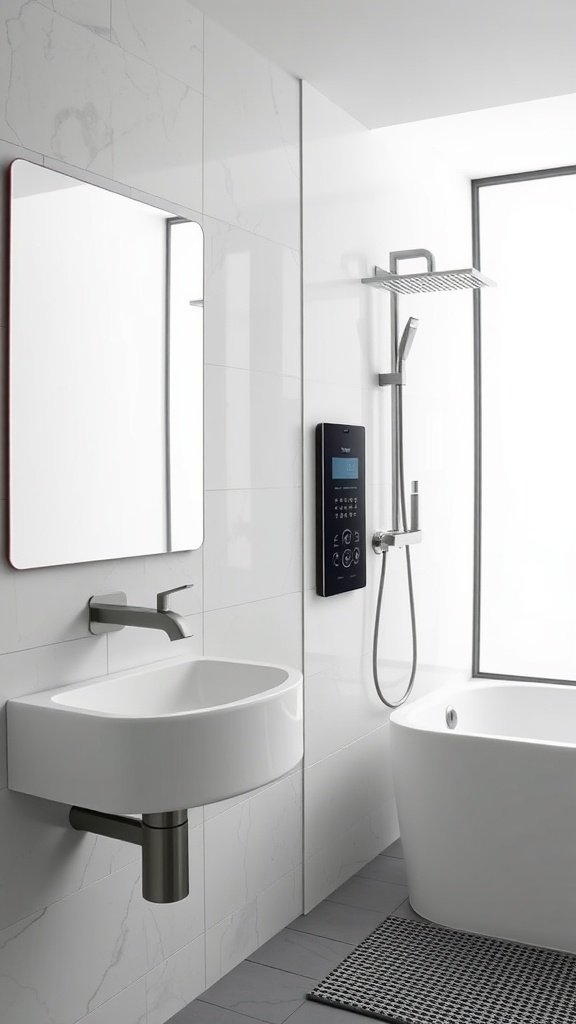 Modern bathroom with smart technology integration, featuring a digital shower control panel and a sleek basin.